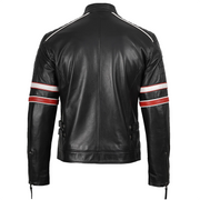 Men’s Black Cafe Racer Leather Jacket with Red & White Racing Stripes