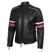 Men’s Black Cafe Racer Leather Jacket with Red & White Racing Stripes