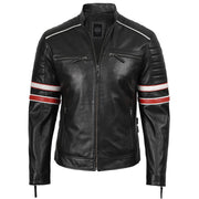 Men’s Black Cafe Racer Leather Jacket with Red & White Racing Stripes