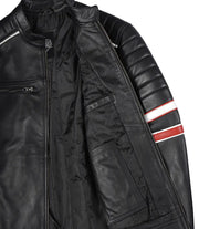 Men’s Black Cafe Racer Leather Jacket with Red & White Racing Stripes