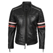 Men’s Black Cafe Racer Leather Jacket with Red & White Racing Stripes