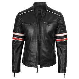 Men’s Black Cafe Racer Leather Jacket with Red & White Racing Stripes
