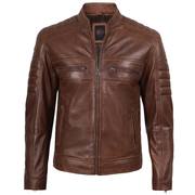 Austin Men Cafe Racer Cognac Brown Leather Jacket
